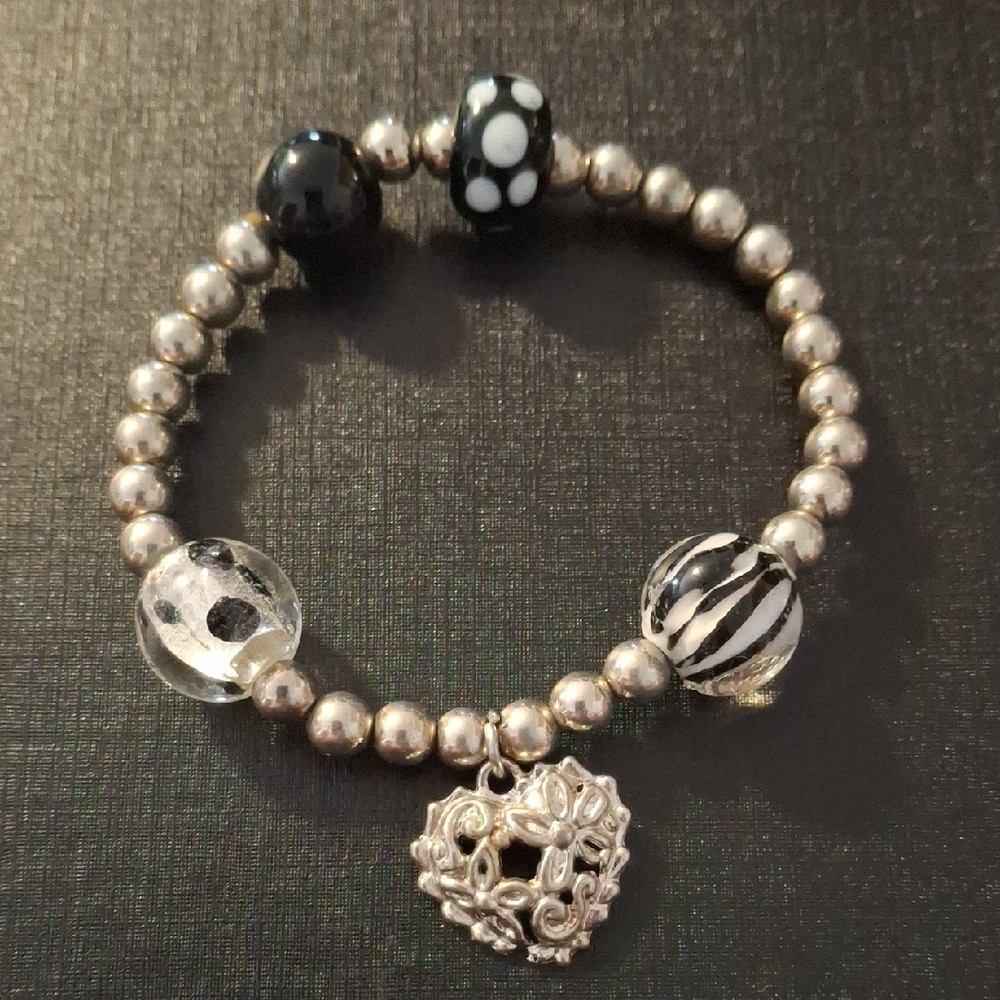 Silver Beaded Bracelet with Heart Charm